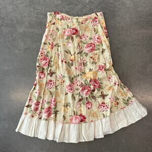 Vintage Y2K Pale Yellow Floral Red Prairie Cottage Core Flowy Midi Skirt Small